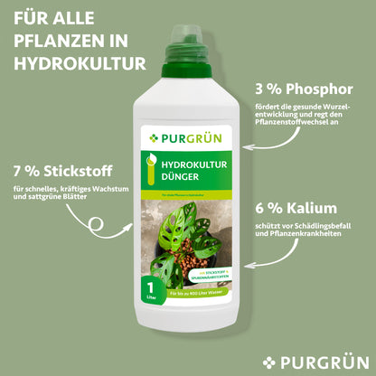 Weiße 1-Liter-Flasche Purgrün Hydrokultur-Dünger für die Hydrokultur, mit grünem Etikett, Pflanzengrafik und Nährstoffangaben: 7% Stickstoff, 3% Phosphor, 6% Kalium. Auf einem hellgrünen Hintergrund dargestellt.
