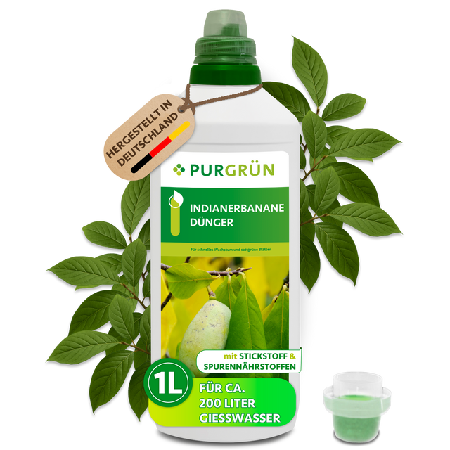 Purgrün Indianerbanane-Dünger in der 1-Liter-Flasche mit Dosierkappe und grünen Blättern; ausreichend für ca. 200 Liter Gießwasser.