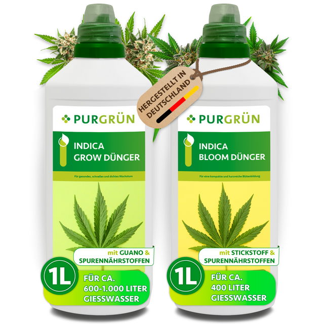 Indica-Dünger-Set mit je 1 Liter Grow- und Bloom-Dünger, beide Flaschen mit Dosierkappe.