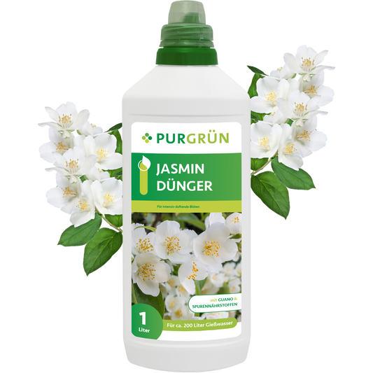 Der Purgrün Jasmin-Dünger 1 Liter hat ein stilvolles grün-weißes Design mit grünem Verschluss und zeigt weiße Jasminblüten auf dem Etikett und um die Flasche herum.