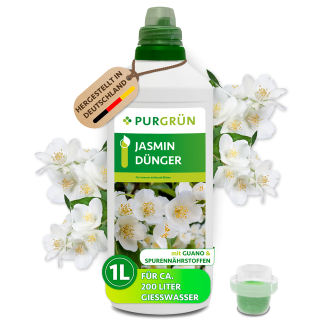 Purgrün Jasmin-Dünger in der 1-Liter-Flasche mit Dosierkappe, umgeben von weißen Jasminblüten.