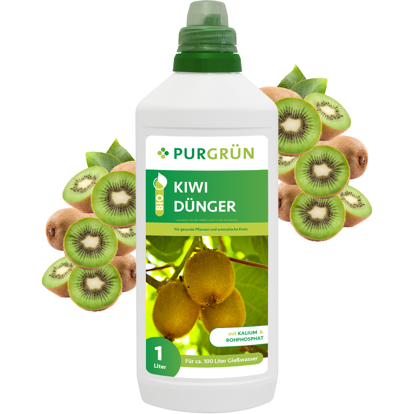 Der 1-Liter-Purgrün Bio-Kiwi-Dünger eignet sich ideal zur Nährstoffversorgung von Kiwipflanzen und liefert Nährstoffe für bis zu 100 Liter Gießwasser. Die Flasche verfügt über einen grünen Verschluss und ein Etikett mit Kiwifrucht und grünen Blättern.