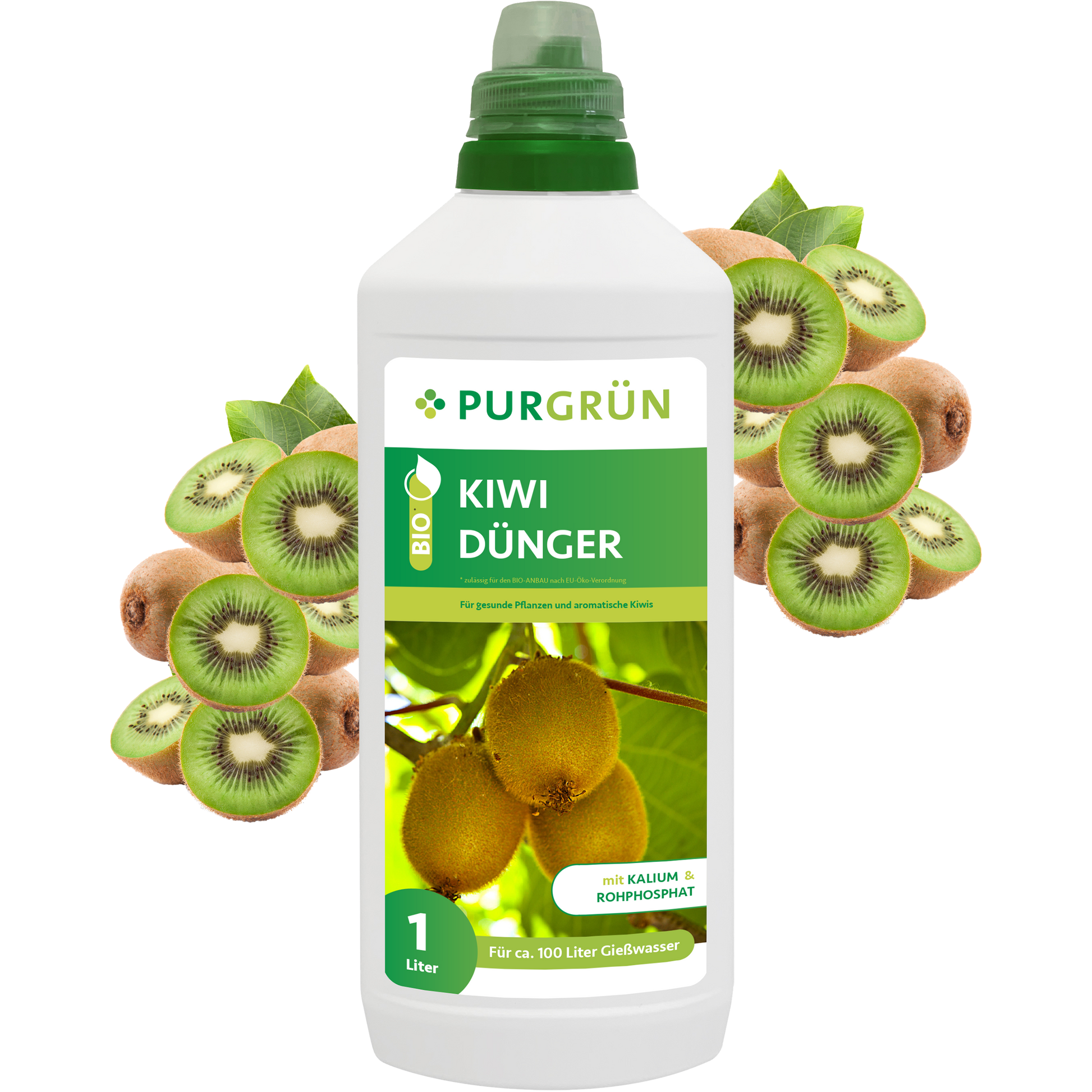 Der 1-Liter-Purgrün Bio-Kiwi-Dünger eignet sich ideal zur Nährstoffversorgung von Kiwipflanzen und liefert Nährstoffe für bis zu 100 Liter Gießwasser. Die Flasche verfügt über einen grünen Verschluss und ein Etikett mit Kiwifrucht und grünen Blättern.