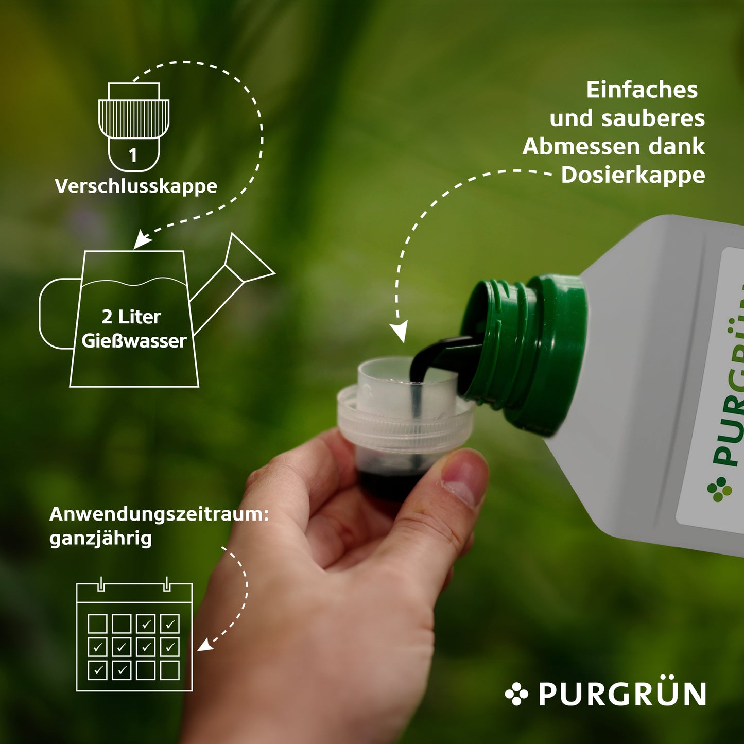 Eine Hand gießt 1 Liter Purgrün Bio-Kräuterdünger in einen Messbecher. Infografik-Symbole zeigen 1 Messbecher pro 2 Liter, den jährlichen Verbrauch und einen deutschen Text, der die einfache Dosierung und Nährstoffversorgung durch Bio-Zutaten hervorhebt.