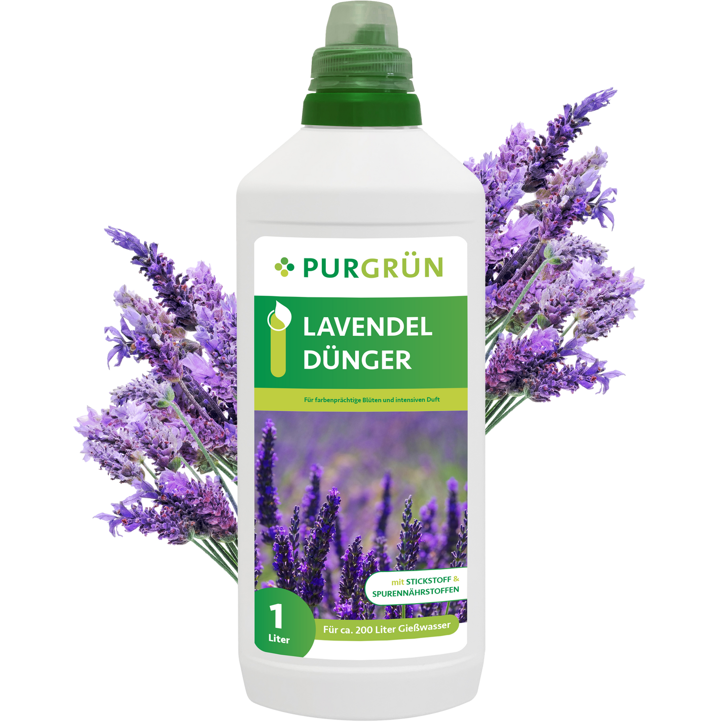 Eine 1-Liter-Flasche Purgrün Lavendel-Dünger mit blühendem Lavendel auf dem Etikett und frischen Zweigen in der Nähe - perfekt für die Versorgung mit wichtigen Nährstoffen für eine optimale Lavendelpflege.