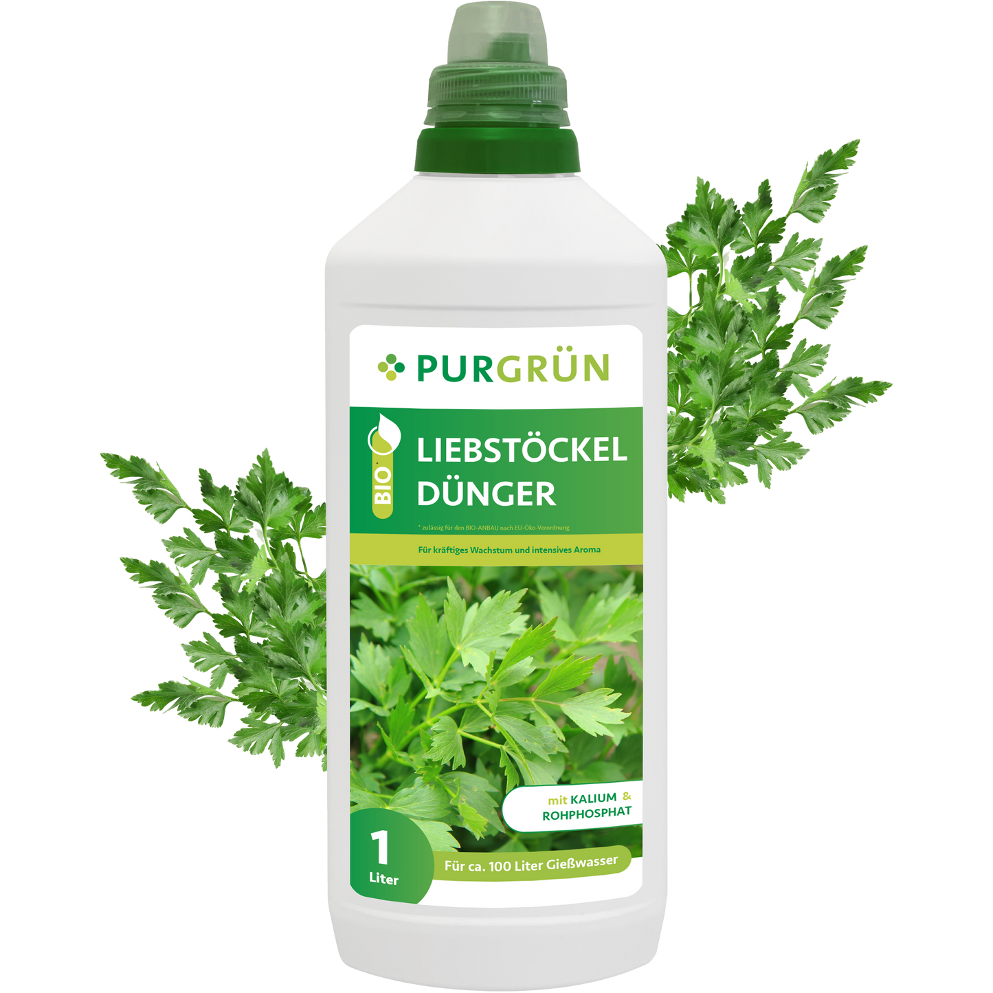 Eine 1-Liter-Flasche Purgrün Bio-Liebstöckel-Dünger in Weiß hat einen grünen Verschluss und ein Vorderetikett mit Abbildungen von Liebstöckelblättern und deutschen Produktinformationen, die auf die reichhaltigen organischen Substanzen für verbessertes Pflanzenwachstum hinweisen.