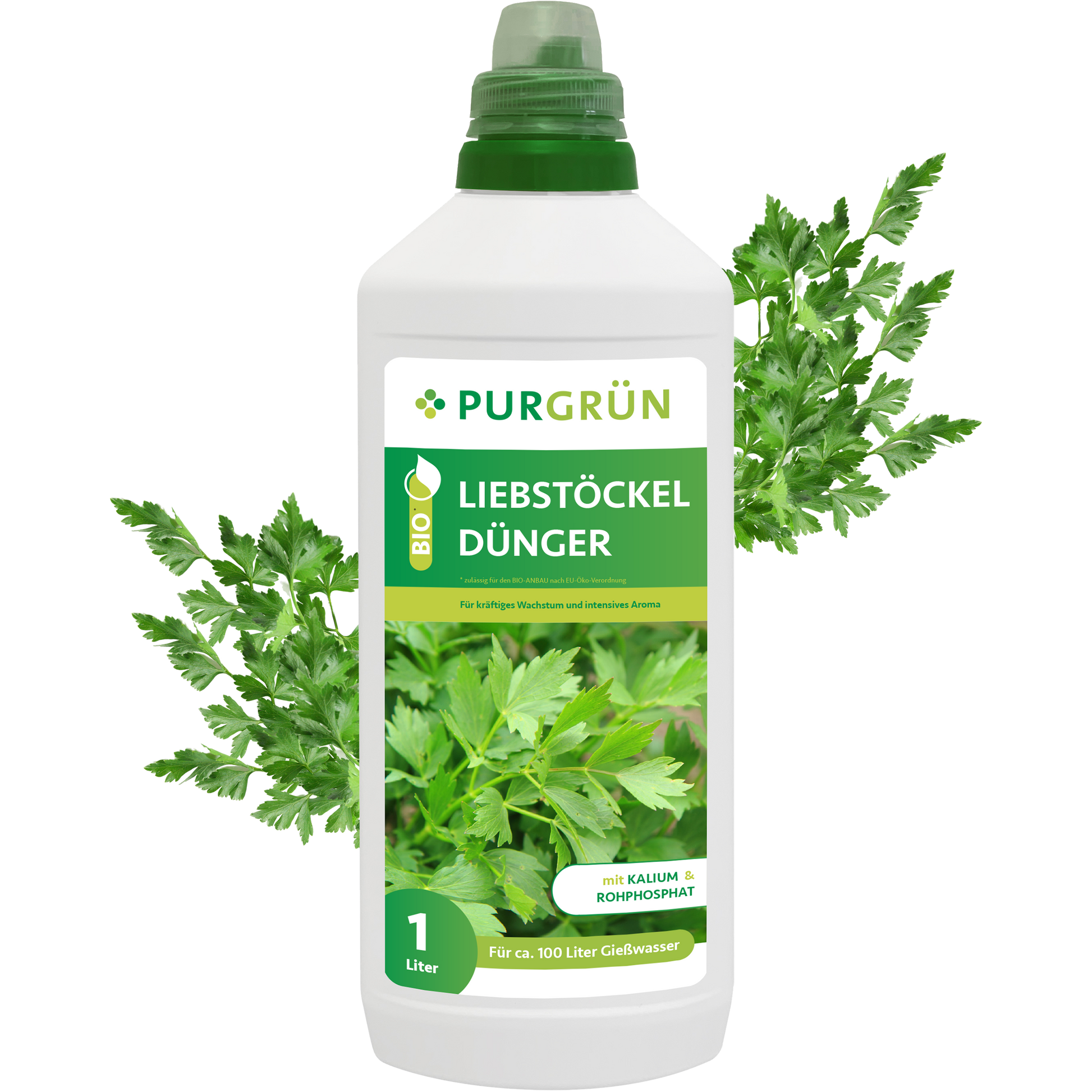 Eine 1-Liter-Flasche Purgrün Bio-Liebstöckel-Dünger in Weiß hat einen grünen Verschluss und ein Vorderetikett mit Abbildungen von Liebstöckelblättern und deutschen Produktinformationen, die auf die reichhaltigen organischen Substanzen für verbessertes Pflanzenwachstum hinweisen.