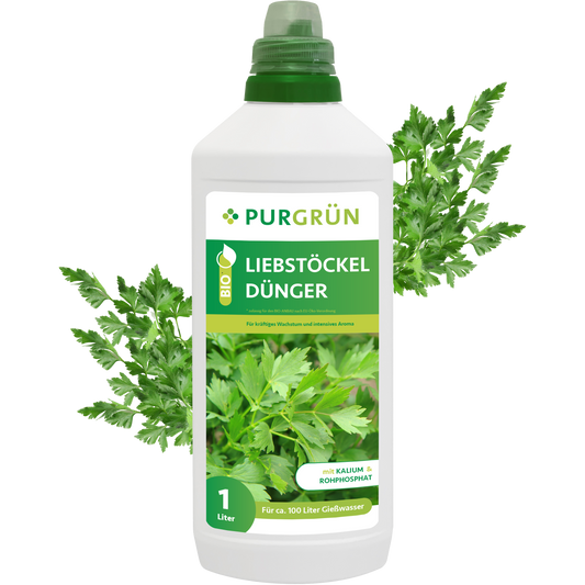 Eine 1-Liter-Flasche Purgrün Bio-Liebstöckel-Dünger in Weiß hat einen grünen Verschluss und ein Vorderetikett mit Abbildungen von Liebstöckelblättern und deutschen Produktinformationen, die auf die reichhaltigen organischen Substanzen für verbessertes Pflanzenwachstum hinweisen.