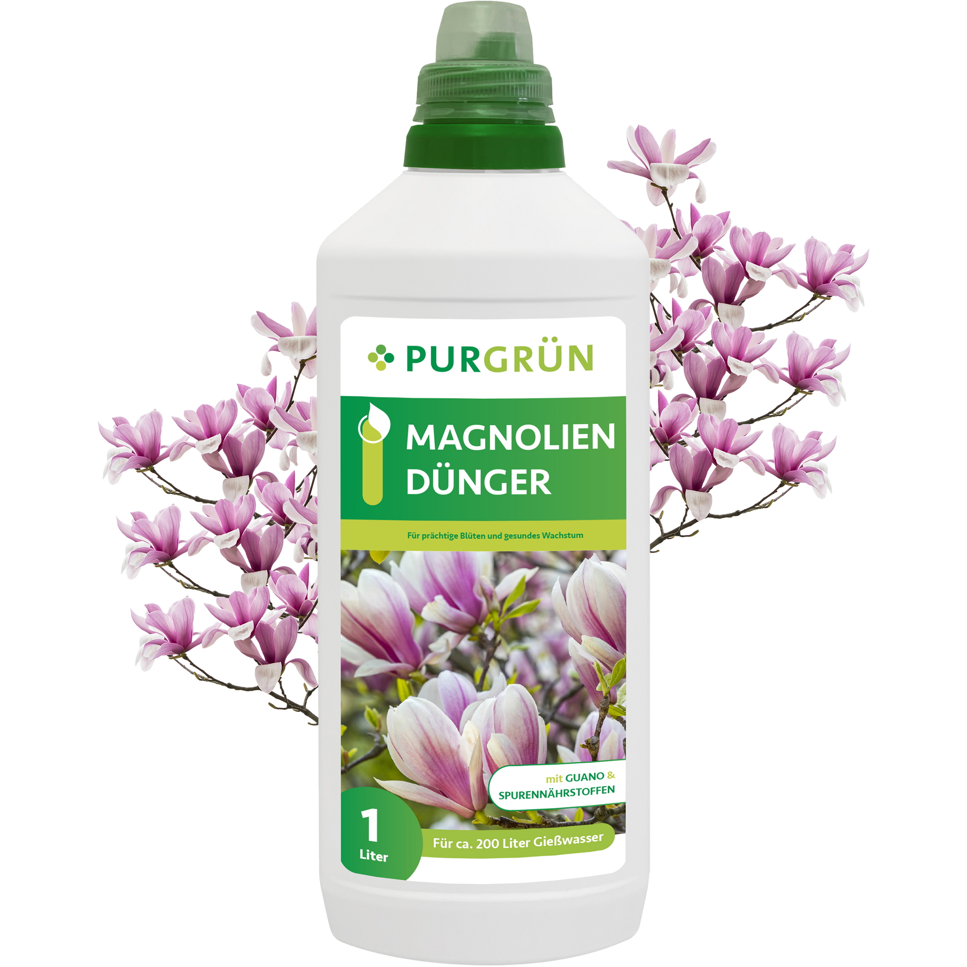 Weiße 1-Liter-Flasche Purgrün Magnoliendünger mit grüner Kappe und Abbildungen von Magnolienblüten und -zweigen sowie einem deutschen Text über die organisch-mineralische Formel mit Guano für optimales Magnolienwachstum.