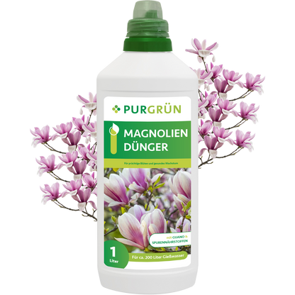 Weiße 1-Liter-Flasche Purgrün Magnoliendünger mit grüner Kappe und Abbildungen von Magnolienblüten und -zweigen sowie einem deutschen Text über die organisch-mineralische Formel mit Guano für optimales Magnolienwachstum.