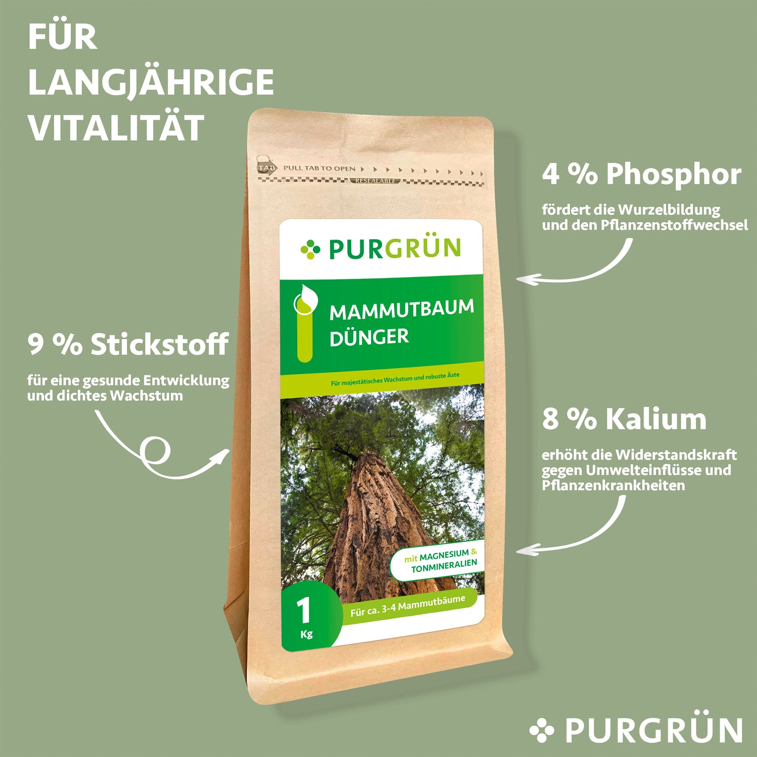 Ein brauner 1-kg-Beutel Purgrün Mammutbaum-Dünger steht vor einem grünen Hintergrund. Daneben sind Nährstoffgehalt und Vorteile in weißer Schrift angegeben. Auf der Verpackung ist ein großer Baum abgebildet.