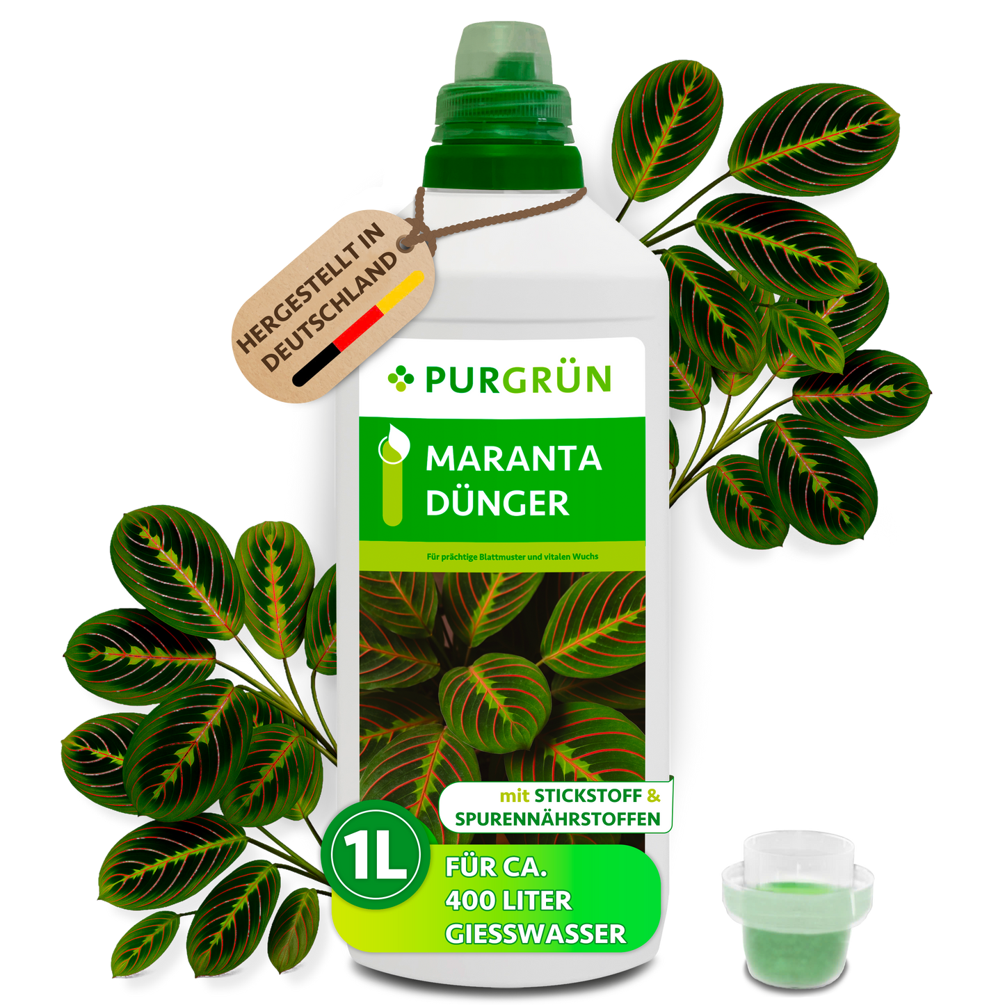 Purgrün Maranta-Dünger in der 1-Liter-Flasche mit Dosierkappe, umgeben von Maranta-Blättern und mit Anhänger „Hergestellt in Deutschland“.