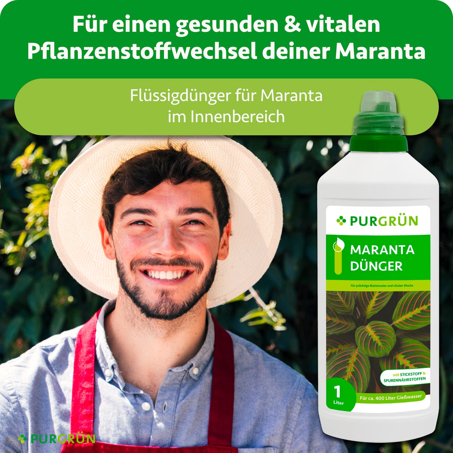 Maranta-Flüssigdünger für den Innenbereich, beworben für einen gesunden und vitalen Pflanzenstoffwechsel.