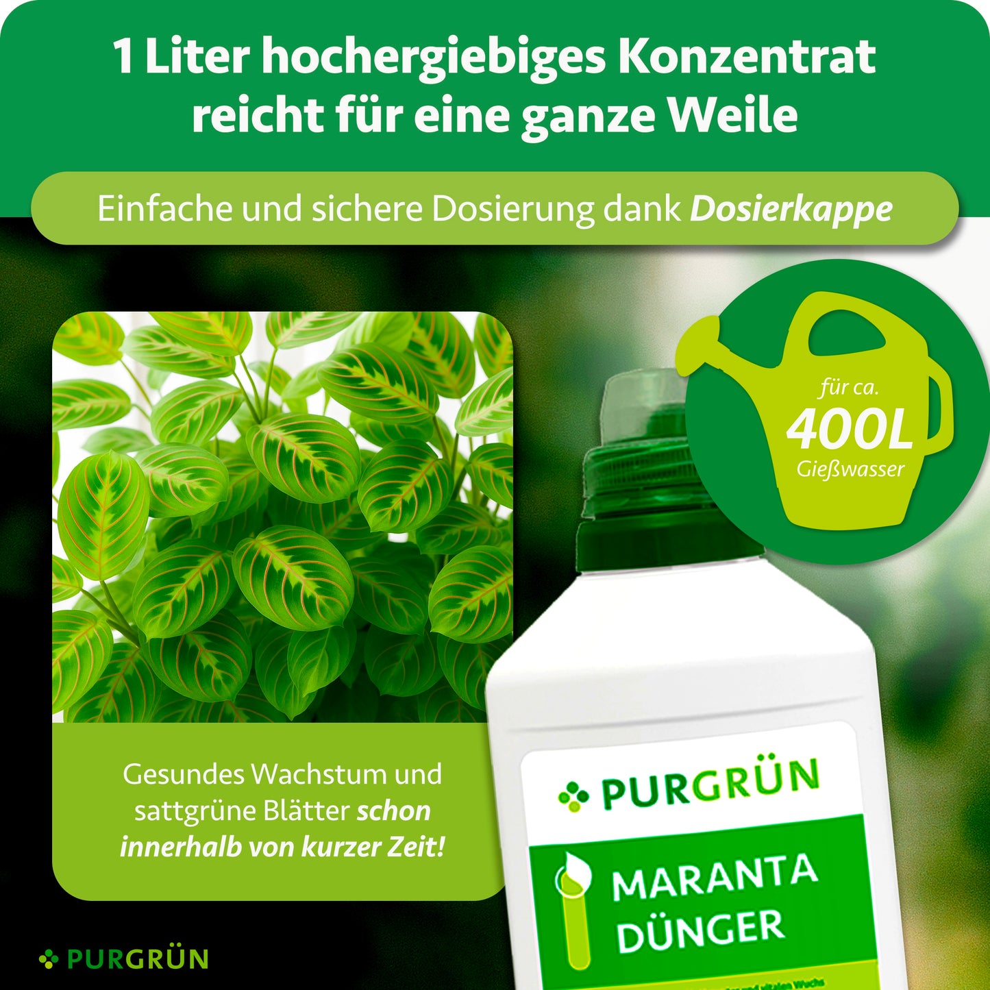 Ein Liter Konzentrat reicht für ca. 400 Liter Gießwasser und lässt sich mit der Dosierkappe einfach und sicher dosieren.
