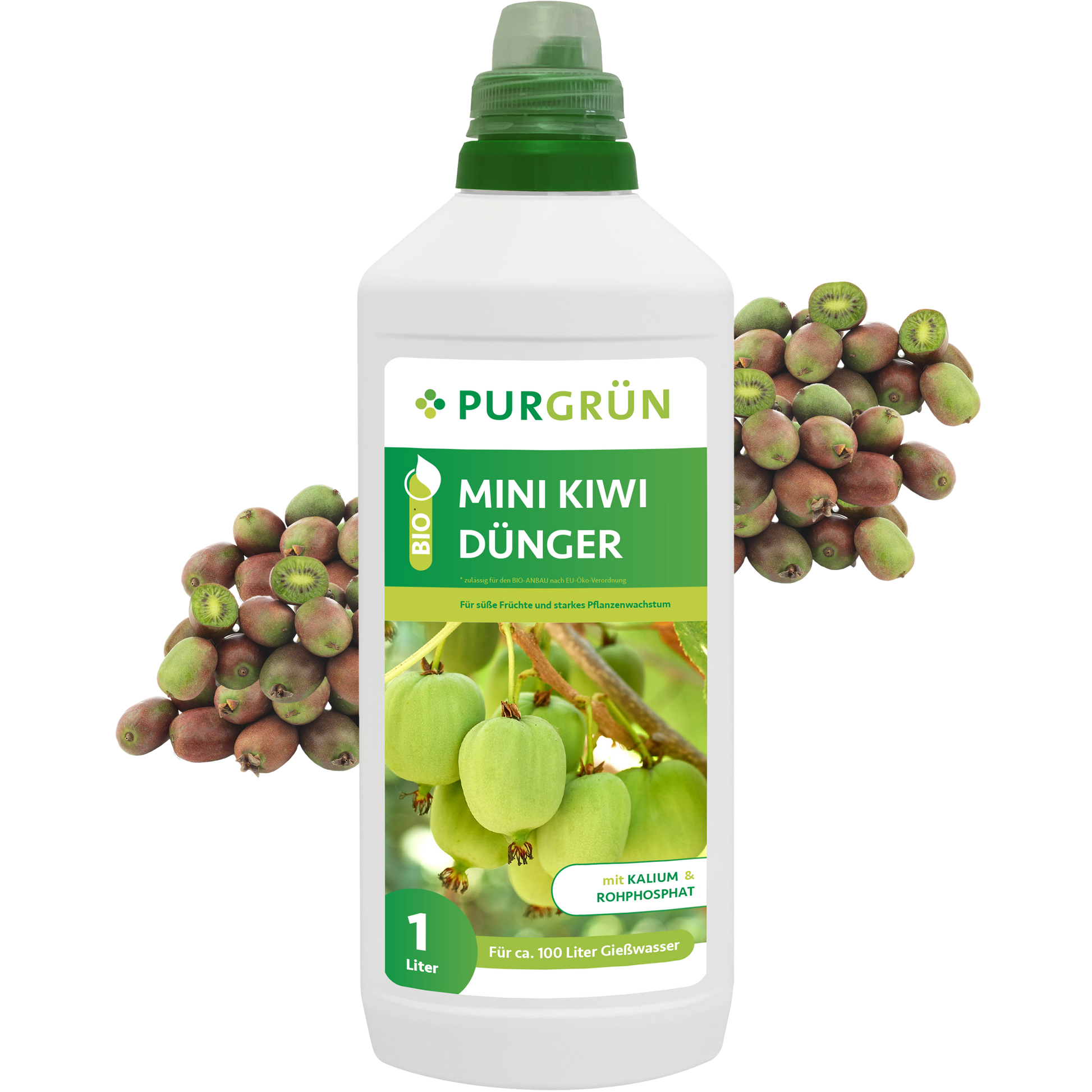 Purgrün Bio-Mini-Kiwi-Dünger 1 Liter ist ein organischer Dünger aus organischen Rohstoffen. Verpackt mit einem grünen Deckel und Mini-Kiwi-Bildern unterstützt er die gesunde Pflanzenernährung und Fruchtentwicklung.