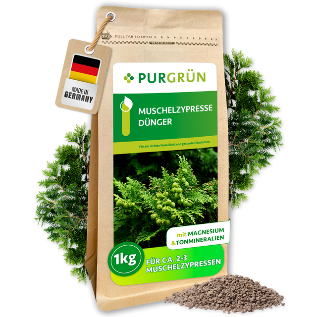 Purgrün Muschelzypresse-Dünger im 1-kg-Beutel mit feinem Granulat und grünen Muschelzypressenzweigen; ausreichend für ca. 2–3 Muschelzypressen.