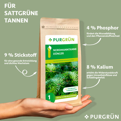 Eine Hand hält eine 1 kg-Packung Purgrün Nordmanntanne-Dünger. Das Etikett zeigt eine Tanne; der Text hebt 9% Stickstoff für das Wachstum, 4% Phosphor für die Gesundheit und 8% Kalium für die Widerstandsfähigkeit in diesem organisch-mineralischen Dünger hervor.