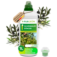 1-Liter-Flasche Purgrün Olivenbaum-Dünger mit Dosierkappe, Guano und Aqua Plus; reicht für bis zu 400 Liter Gießwasser.