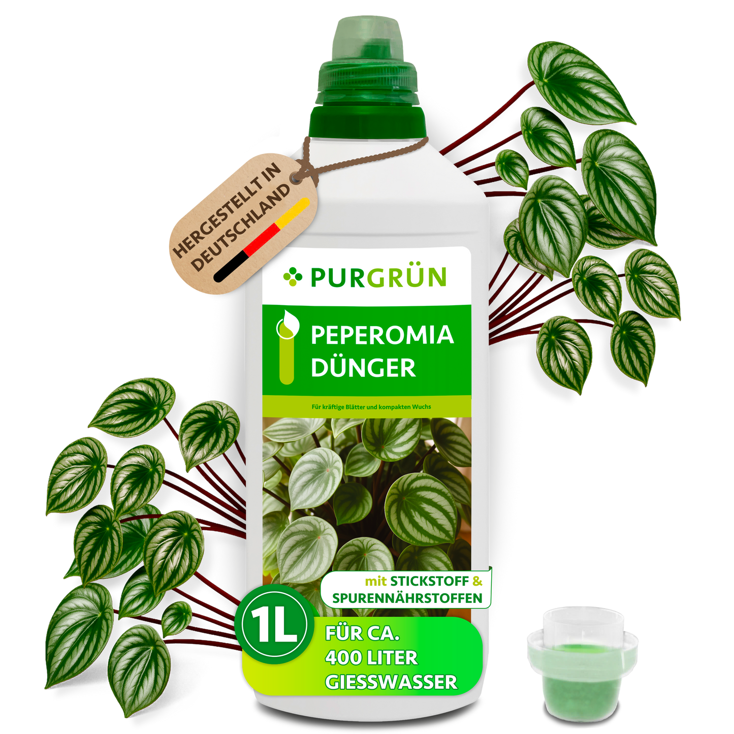 Purgrün Peperomia-Dünger in der 1-Liter-Flasche mit Dosierkappe, umgeben von Peperomia-Blättern und mit Anhänger „Hergestellt in Deutschland“.