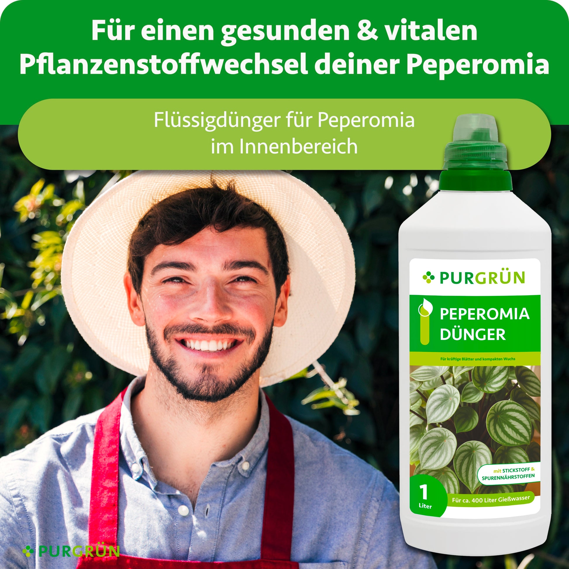 Peperomia-Flüssigdünger für den Innenbereich, beworben für einen gesunden und vitalen Pflanzenstoffwechsel.