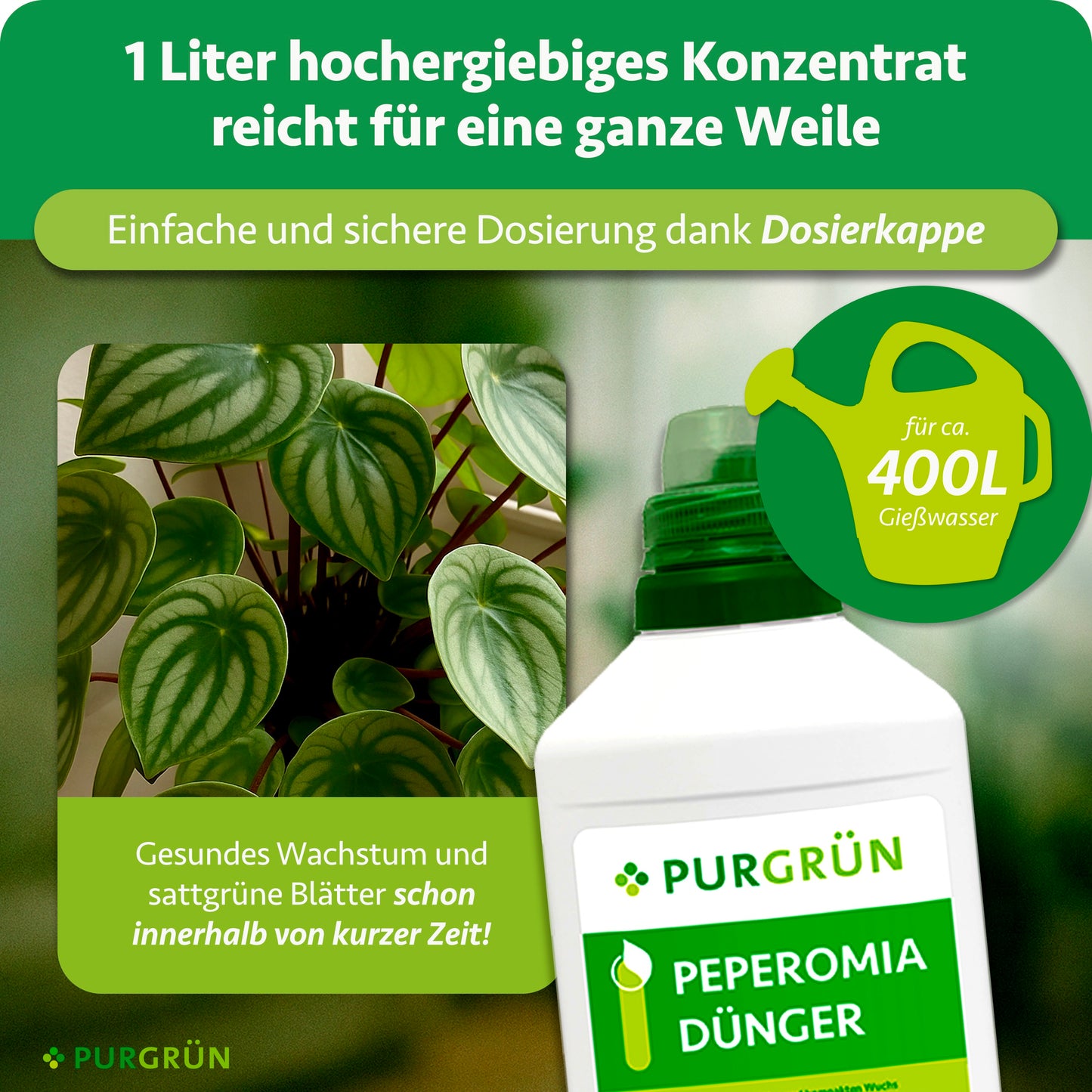 Ein Liter Konzentrat reicht für ca. 400 Liter Gießwasser und lässt sich mit der Dosierkappe einfach und sicher dosieren.