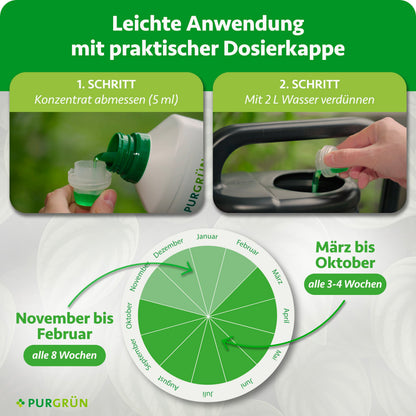 Anwendung: 5 ml Konzentrat abmessen und mit 2 l Wasser verdünnen. Von März bis Oktober alle 3–4 Wochen, von November bis Februar alle 8 Wochen düngen.