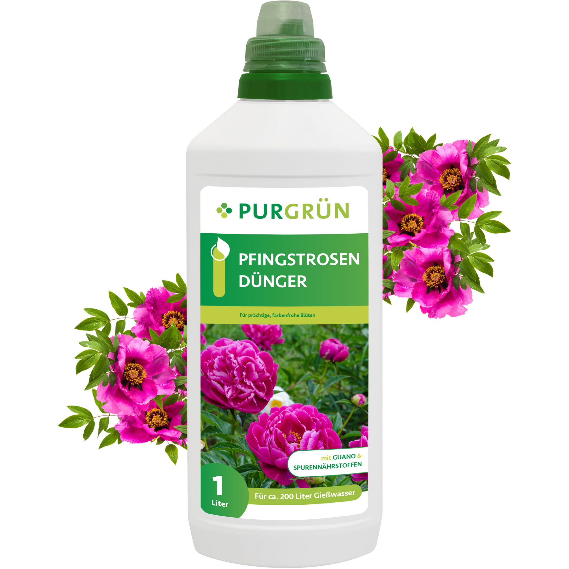 Der Purgrün Pfingstrosen-Dünger 1 Liter hat eine grüne Kappe und ein Etikett mit leuchtend rosa Pfingstrosen. Umgeben von blühenden Pfingstrosen verspricht dieser Dünger eine üppige Blütenpracht - ideal für eine gesunde, üppige Blüte.