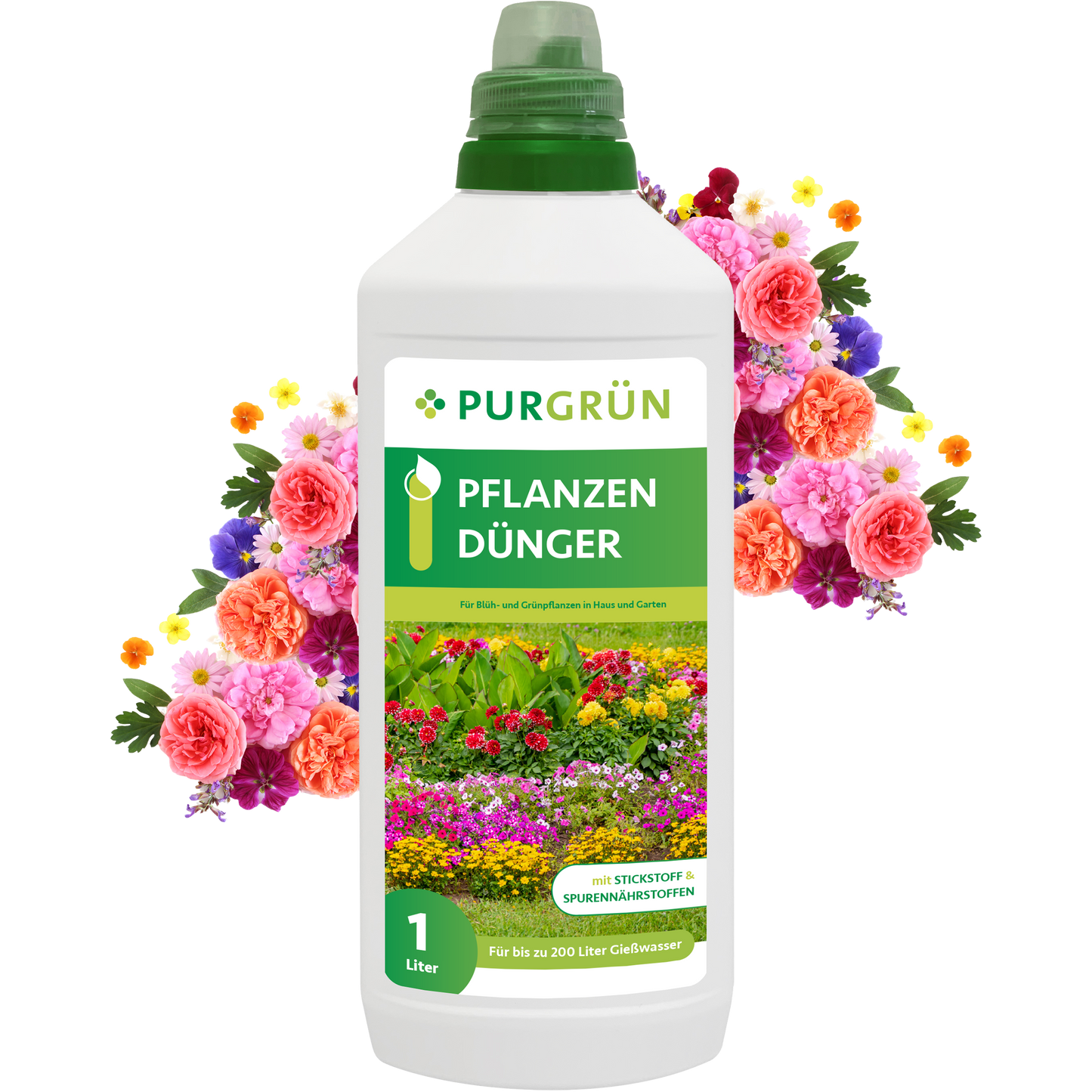 Eine Flasche Purgrün Pflanzendünger 1 Liter ist mit prachtvoll blühenden Blumen dahinter ausgestellt. Das Etikett zeigt farbenfrohe Gartenblumen und gibt an, dass er ideal für Blüh- und Grünpflanzen ist.