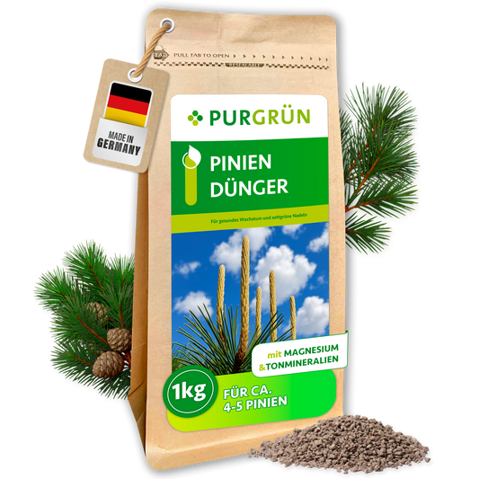 Purgrün Pinien-Dünger im 1-kg-Beutel mit Krümelgranulat, Magnesium und Tonmineralien; ausreichend für ca. 4–5 Pinien.
