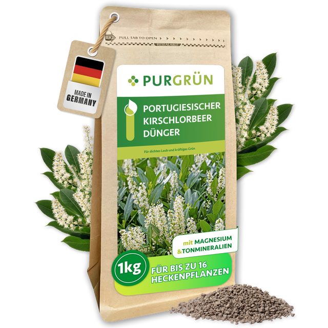 Standbeutel Portugiesischer-Kirschlorbeer-Dünger, 1 kg, mit Magnesium und Tonmineralien, vor blühendem Kirschlorbeer und feinem Granulat.