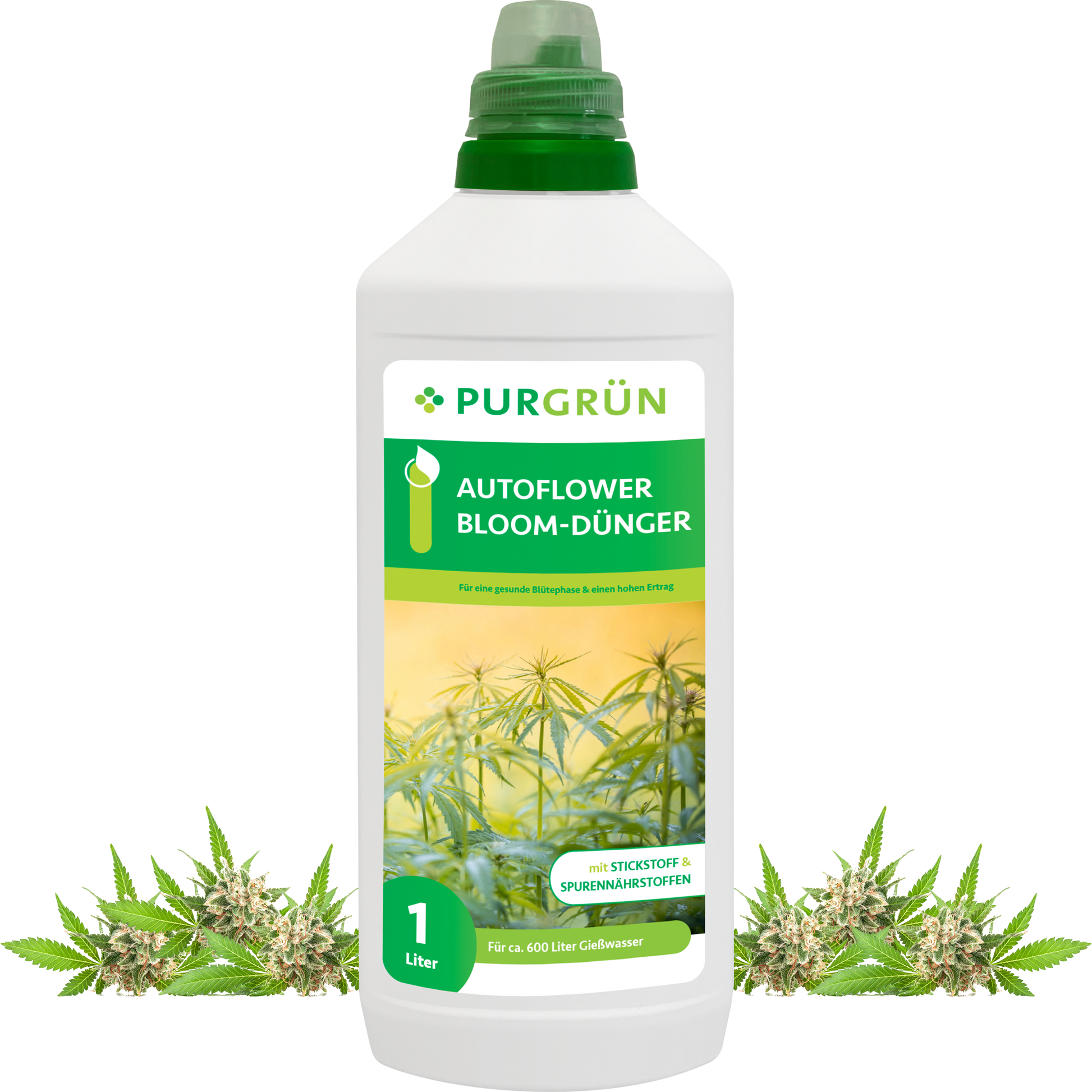 Eine 1-Liter-Flasche Purgrün Autoflower-Bloom-Dünger trägt ein grün-weiß-gelbes Etikett mit Cannabispflanzen und bietet optimalen Phosphorgehalt und wichtige Spurennährstoffe für gesundes Wachstum.