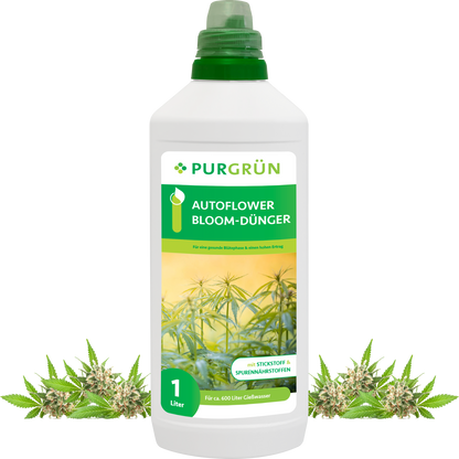 Eine 1-Liter-Flasche Purgrün Autoflower-Bloom-Dünger trägt ein grün-weiß-gelbes Etikett mit Cannabispflanzen und bietet optimalen Phosphorgehalt und wichtige Spurennährstoffe für gesundes Wachstum.
