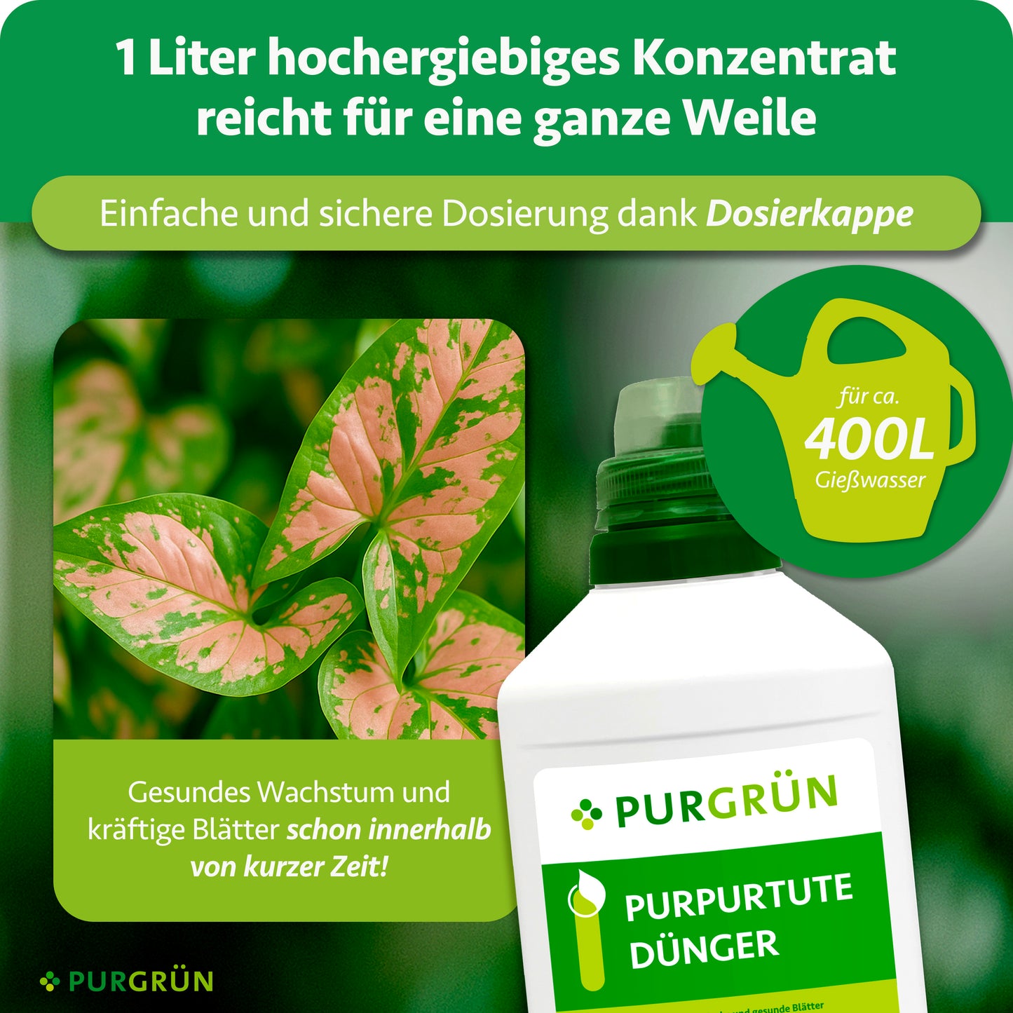 Ein Liter Konzentrat reicht für ca. 400 Liter Gießwasser und lässt sich mit der Dosierkappe einfach und sicher dosieren.