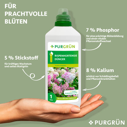 Eine Hand hält eine 1-Liter-Flasche Purgrün Rispenhortensie-Dünger mit 5% Stickstoff für das Wachstum, 7% Phosphor für große Blüten und 8% Kalium für den Schutz. Auf grünem Hintergrund ist "Für prachtvolle Blüten" zu lesen.