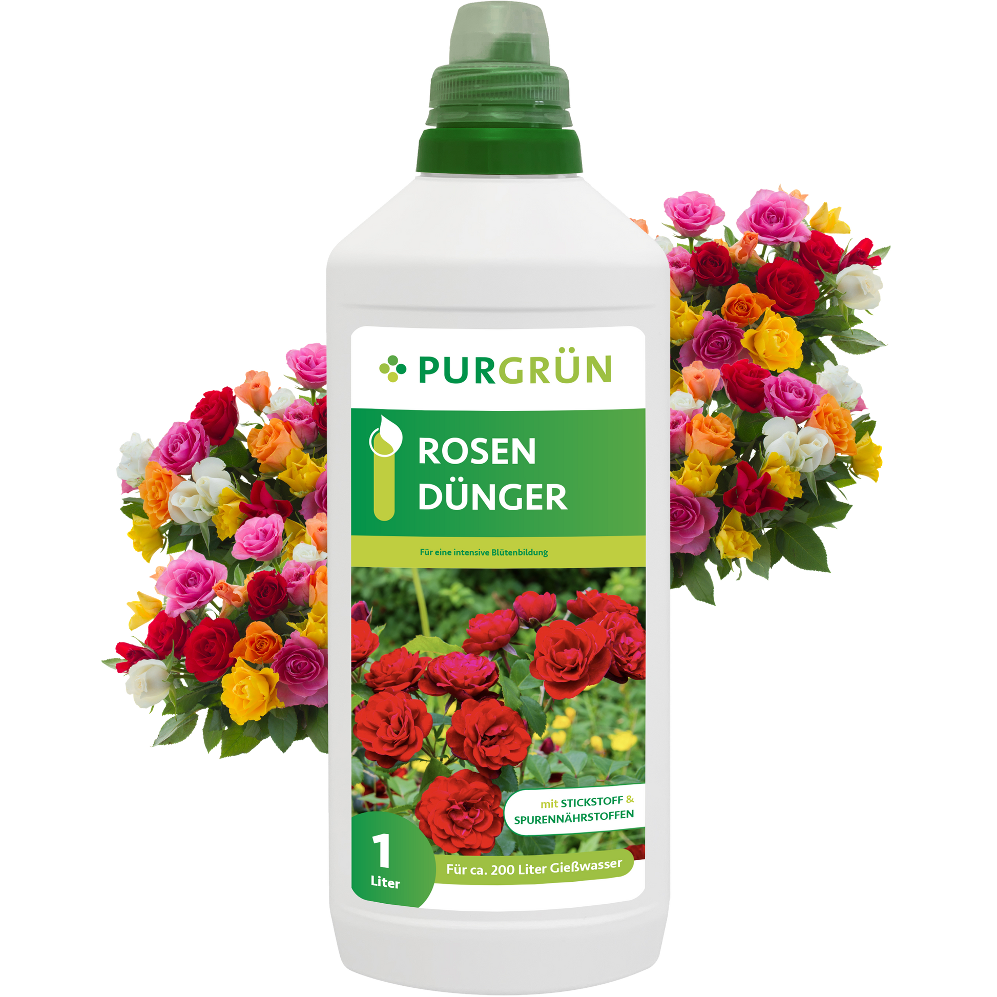 Eine 1-Liter-Flasche Purgrün Rosendünger steht vor leuchtenden Rosenbouquets. Das grüne Etikett ist mit weißer und gelber Schrift und Abbildungen roter Rosen versehen.
