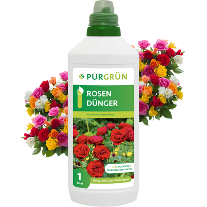 Eine 1-Liter-Flasche Purgrün Rosendünger steht vor leuchtenden Rosenbouquets. Das grüne Etikett ist mit weißer und gelber Schrift und Abbildungen roter Rosen versehen.
