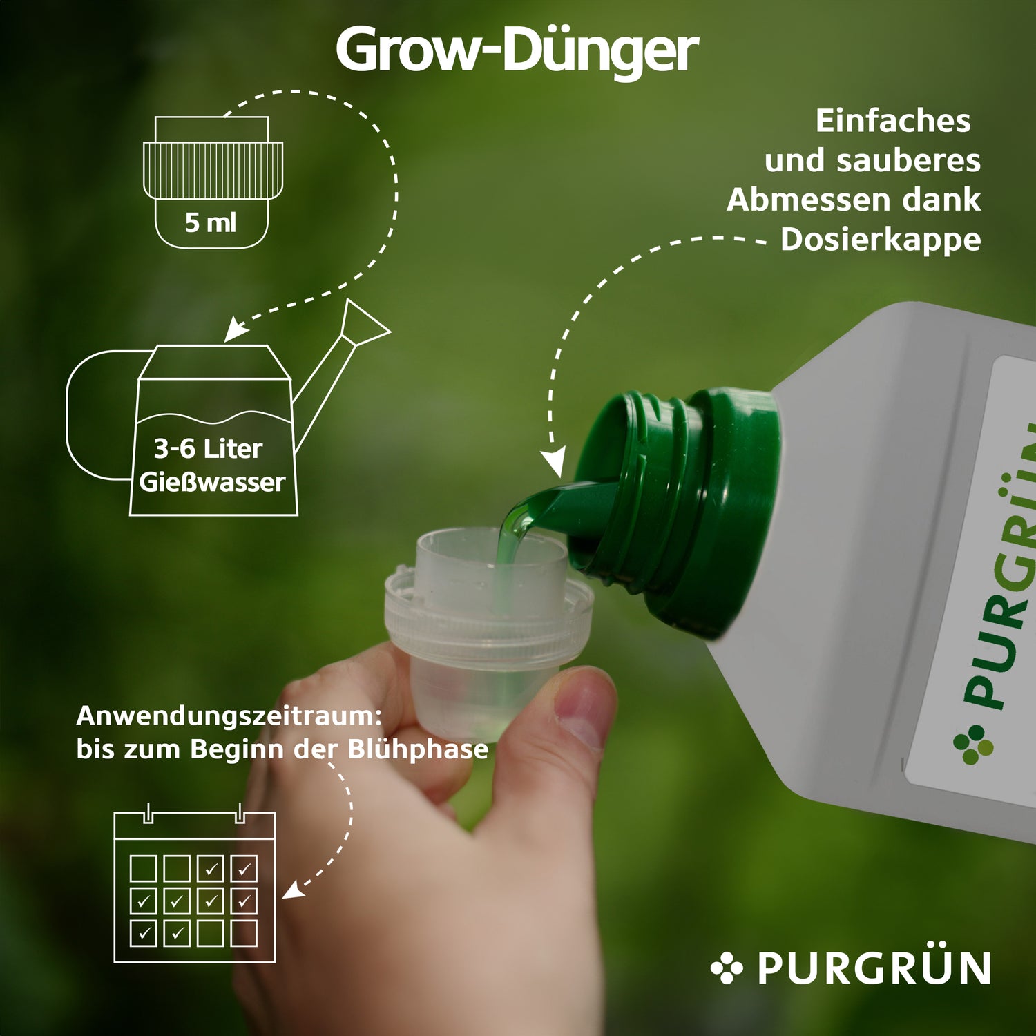 Eine Hand gießt grünes Sativa-Dünger-Set 2 x 1 Liter von Purgrün in eine Verschlusskappe. Bebilderte Anleitung: Verwenden Sie 5 ml auf 3–6 L Wasser während der Wachstumsphase bis zum Beginn der Blütephase.