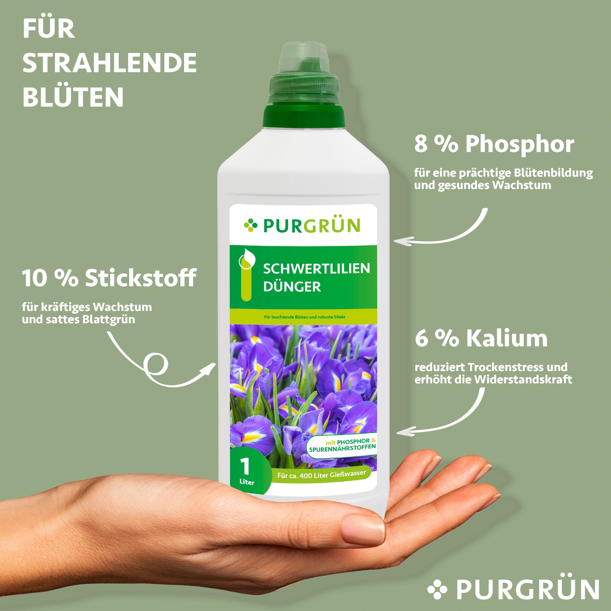 Eine Hand hält eine 1-Liter-Flasche Purgrün Schwertlilien-Dünger mit Irisblüten auf dem Etikett. Der Text hebt die Nährstoffe hervor: 10 % Stickstoff, 8 % Phosphor, 6 % Kalium für ein gesundes Wachstum und eine lebendige Blüte.