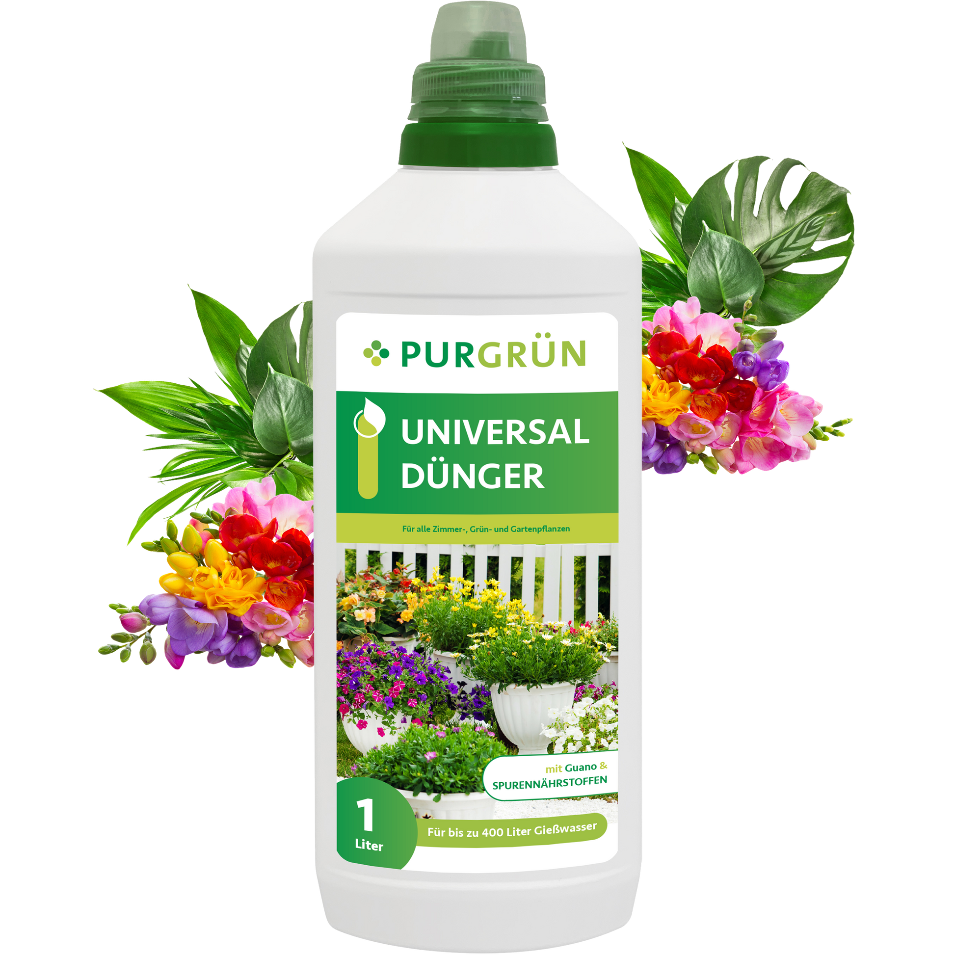 Eine 1-Liter-Flasche Purgrün Universaldünger mit grünem Verschluss zeigt auf ihrem Etikett einen lebendigen Garten mit bunten Blumen vor einer künstlerischen Kulisse aus leuchtenden tropischen Blüten und Blättern.