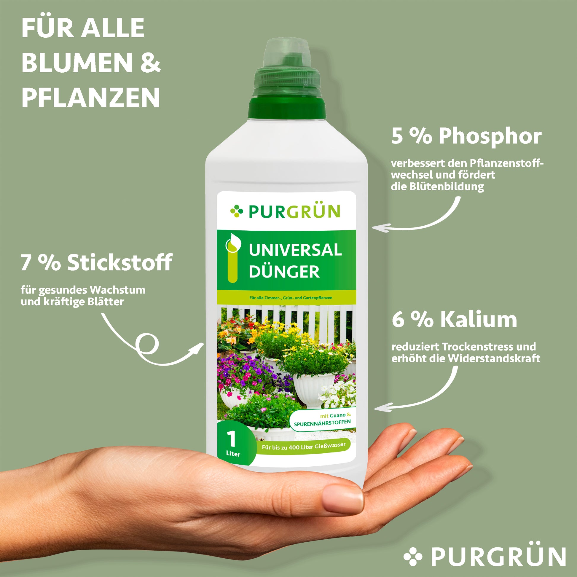 Eine Hand hält eine 1-Liter-Flasche Purgrün Universaldünger. Auf dem Etikett steht 7% Stickstoff für das Wachstum, 5% Phosphor für die Blüte und 6% Kalium für den Trockenheitsschutz. Ideal für alle Blumen und Pflanzen.