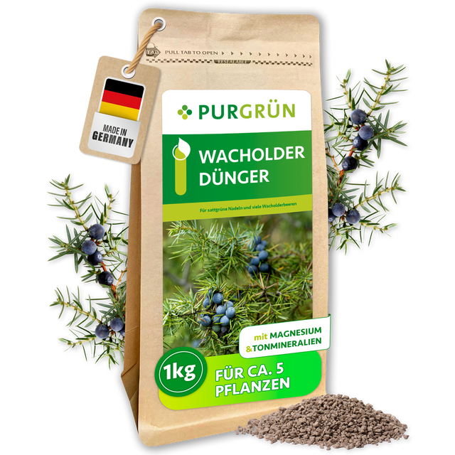 Purgrün Wacholder-Dünger im 1-kg-Beutel mit Wacholderzweigen und feinem Granulat; ausreichend für ca. 5 Pflanzen.