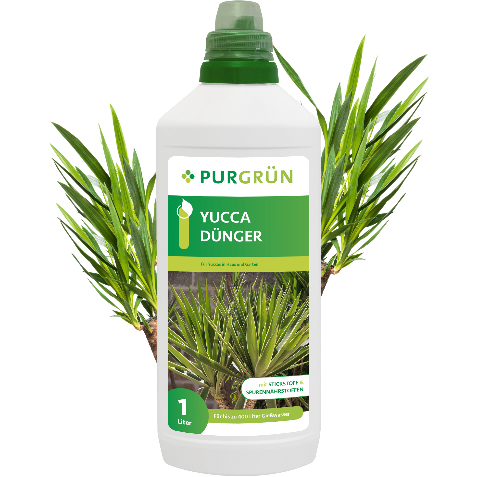 Eine 1-Liter-Flasche Purgrün Yucca-Dünger mit grünem Deckel und Etikett mit Yucca-Pflanzen, geeignet für den Innen- und Gartenbereich. Das Etikett hebt wichtige Spurennährstoffe und Stickstoff für gesundes Pflanzenwachstum hervor.