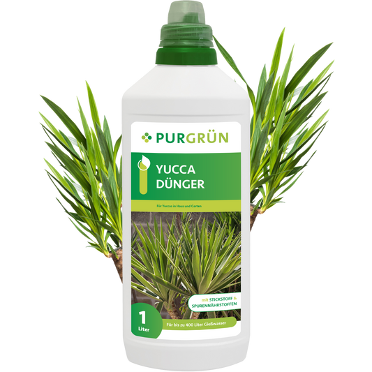 Eine 1-Liter-Flasche Purgrün Yucca-Dünger mit grünem Deckel und Etikett mit Yucca-Pflanzen, geeignet für den Innen- und Gartenbereich. Das Etikett hebt wichtige Spurennährstoffe und Stickstoff für gesundes Pflanzenwachstum hervor.