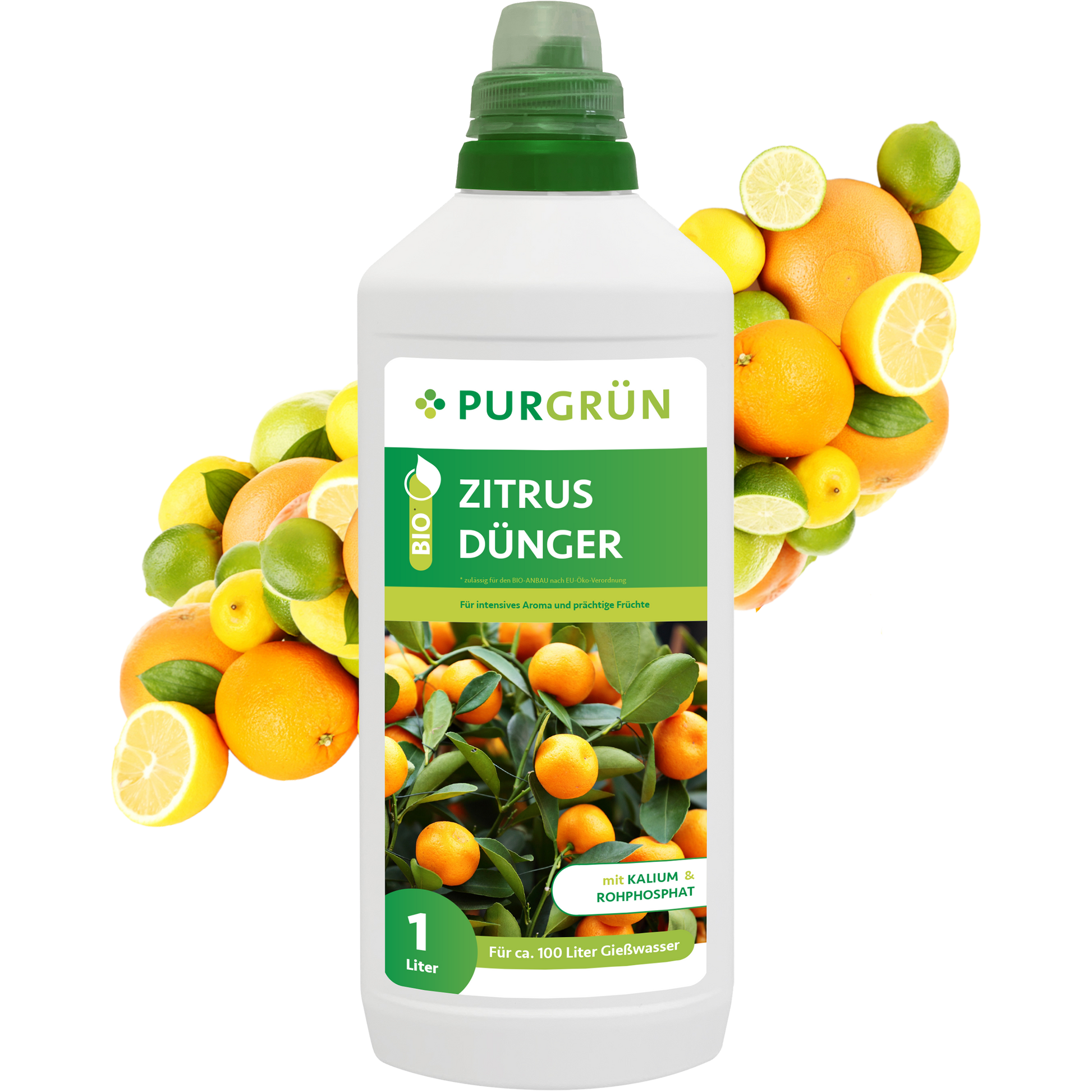 Eine 1-Liter-Flasche Purgrün Bio-Zitrusdünger für Zitruspflanzen mit Zitrusfruchtbildern auf dem Etikett steht vor einer lebendigen Mischung aus ganzen und geschnittenen Orangen, Zitronen und Limetten.