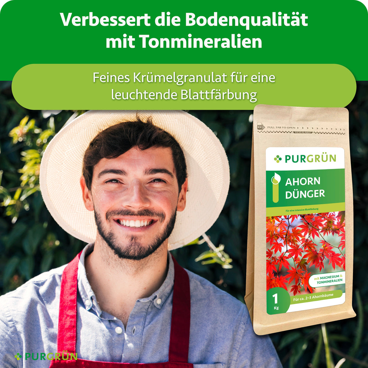 Ein lächelnder Gärtner neben dem Düngerbeutel; Tonmineralien verbessern die Bodenqualität, feines Krümelgranulat fördert eine leuchtende Blattfärbung.