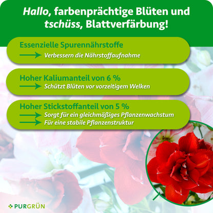 Essenzielle Spurennährstoffe verbessern die Nährstoffaufnahme; 6 % Kalium schützen Blüten vor vorzeitigem Welken, 5 % Stickstoff fördern gleichmäßiges Wachstum und eine stabile Pflanzenstruktur.