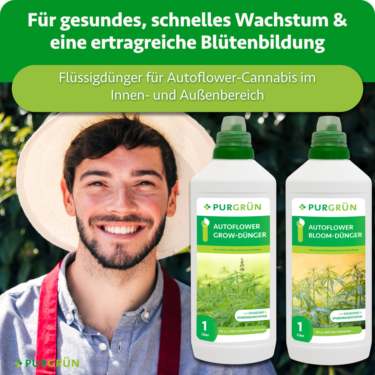 Ein lächelnder Mann mit Strohhut steht neben zwei Flaschen Purgrün Autoflower-Dünger-Set 2 x 1 Liter, das gesundes, schnelles Wachstum und reiche Blüte bei Cannabispflanzen im Innen- und Außenbereich unterstützt.