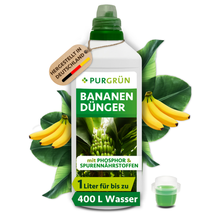 Purgrün Bananendünger in der 1-Liter-Flasche mit Dosierkappe, ausreichend für bis zu 400 Liter Gießwasser.
