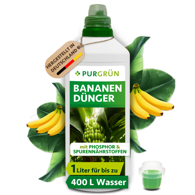 Purgrün Bananendünger in der 1-Liter-Flasche mit Dosierkappe, ausreichend für bis zu 400 Liter Gießwasser.