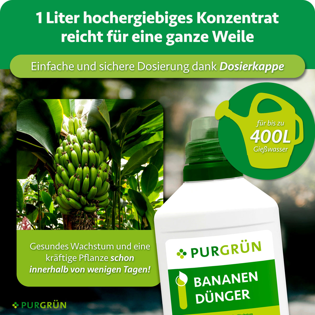 1 Liter Konzentrat für bis zu 400 Liter Gießwasser, mit Dosierkappe zur einfachen und sicheren Dosierung.